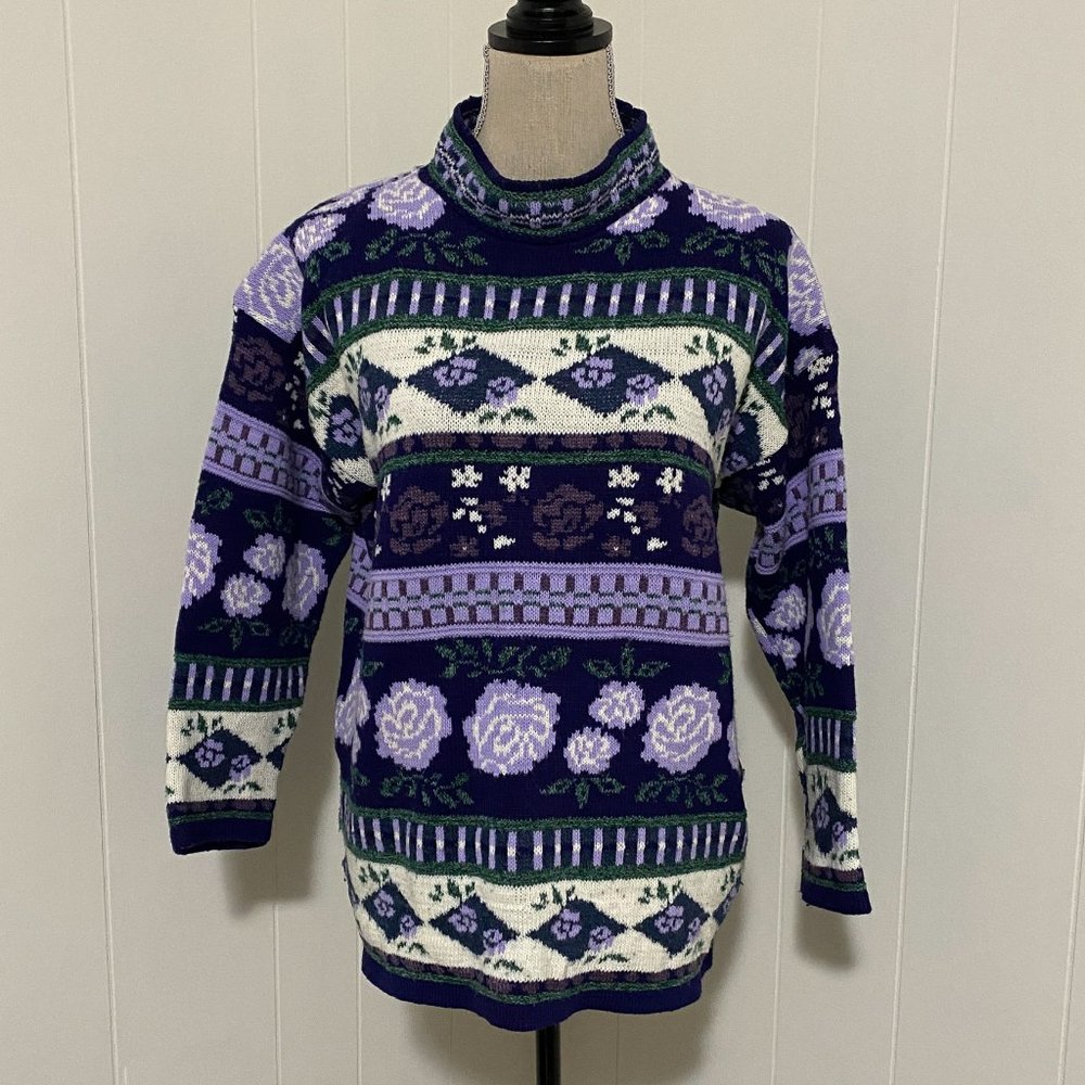 Vintage 80s Purple and White Floral Mockneck Knit Sweater Retro Preppy Sz Large